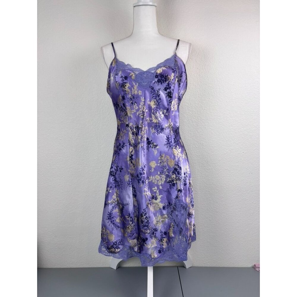 Vintage Delicates women's small purple satin‎ floral lace trim slip dress y2k